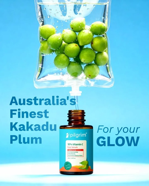 A creative showing an IV drip bag filled with fresh Kakadu plums dispensing directly into a bottle of 10% Vitamin C face serum, symbolizing infusion of potency.